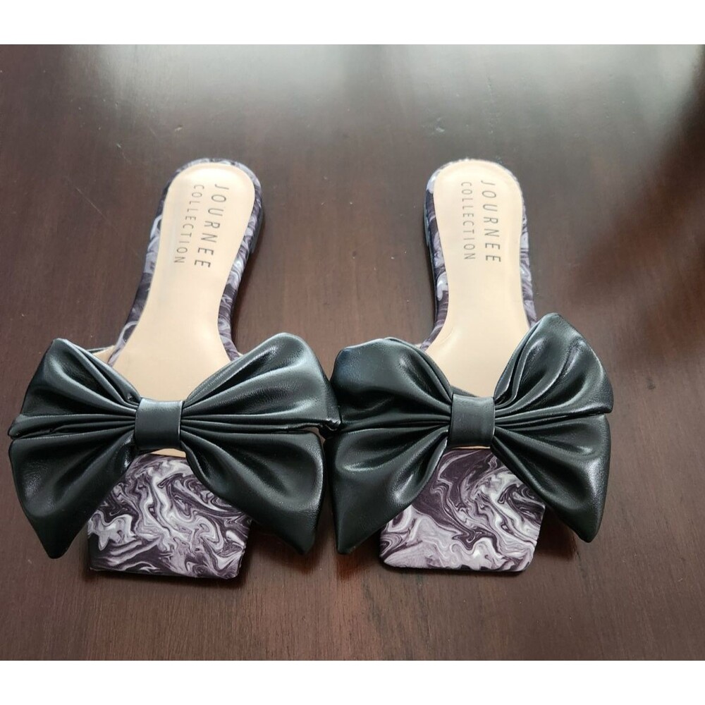 NEW- Journee Collection Womens Flat Slides Sandals Black with Bow - Size 7
